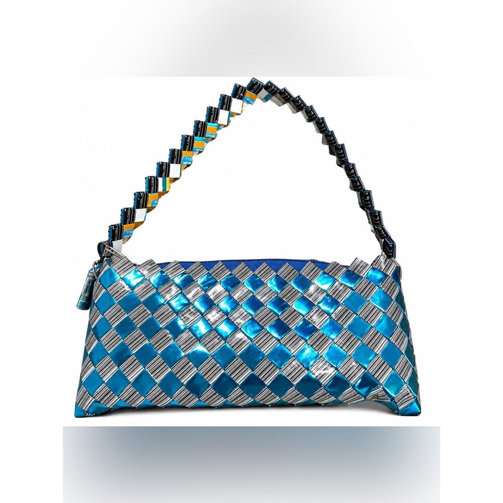 Handmade Recycled Wrapper Woven Shoulder Bag Blue Silver Artisan Purse - Picture 2 of 5